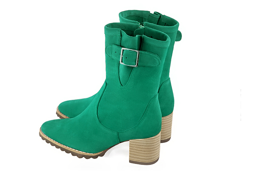 Emerald green women's ankle boots with buckles on the sides. Round toe. Medium block heels. Rear view - Florence KOOIJMAN
